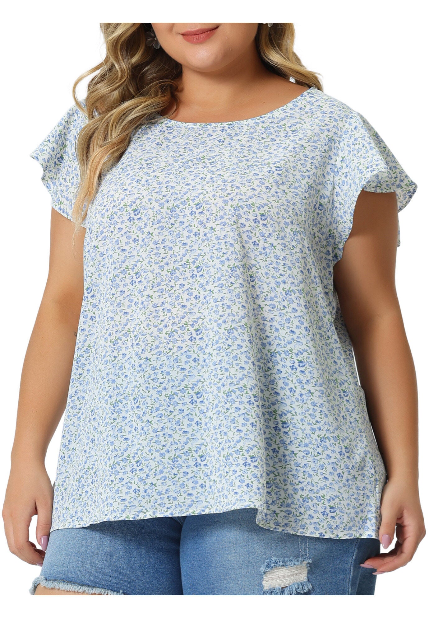 Summer Top Floral Round Neck Short Sleeves Ruffle Blouse, Blue Green / Azure Blue, alternate image number 2