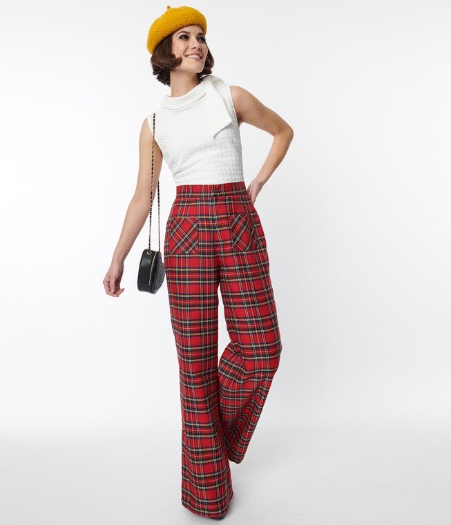 Smak Parlour Red Plaid Wide Leg Trousers, Red Plaid / Red, hi-res image number 0