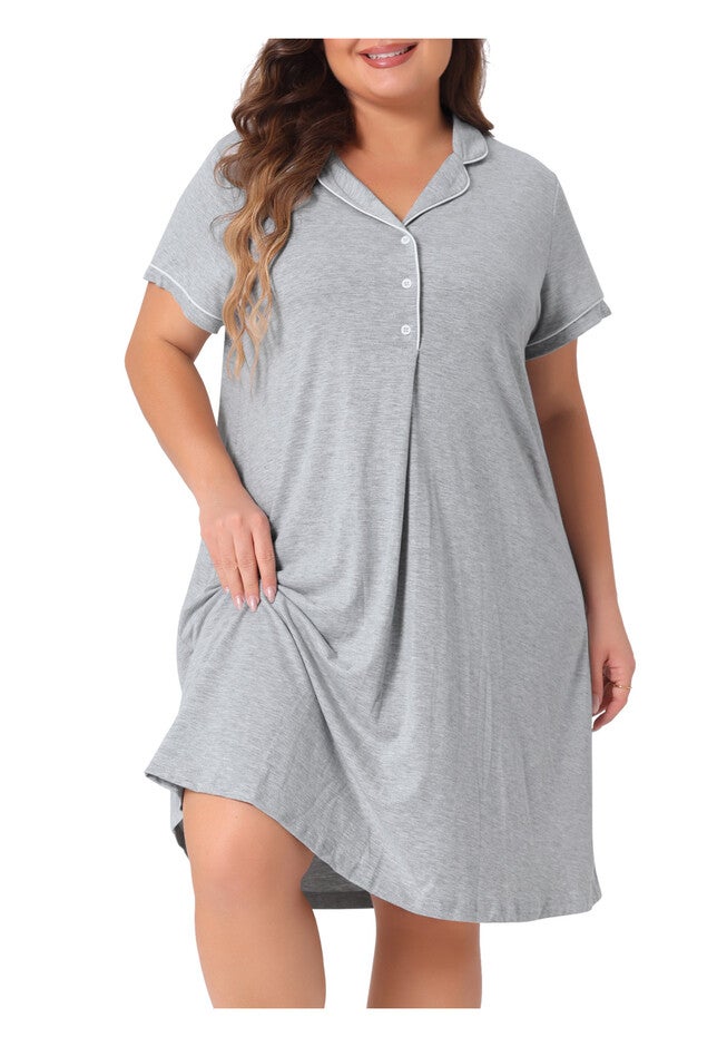 Short Sleeves Pajama Button Down Nightshirt, Gray / Light Grey, alternate image number 2