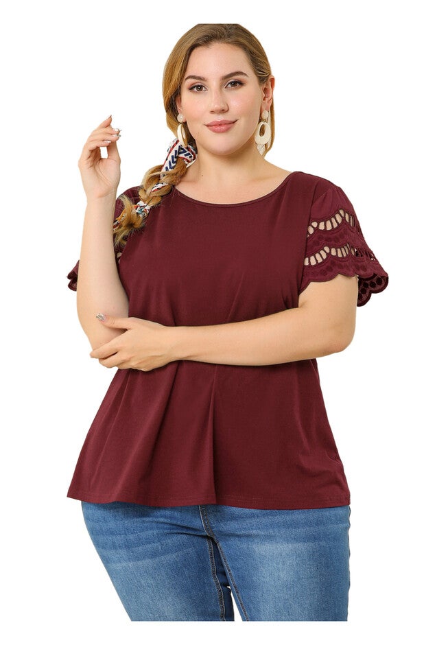 Lace Panel Hollow Short Sleeve Summer Blouse, Wine Red / Burgundy, alternate image number 1