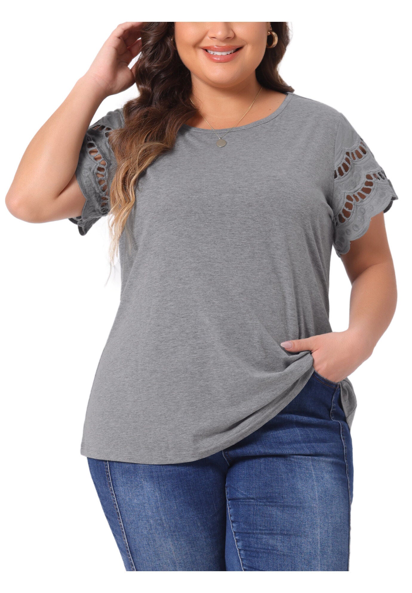 Lace Panel Hollow Short Sleeve Summer Blouse, Grey / Light Grey, alternate image number 2