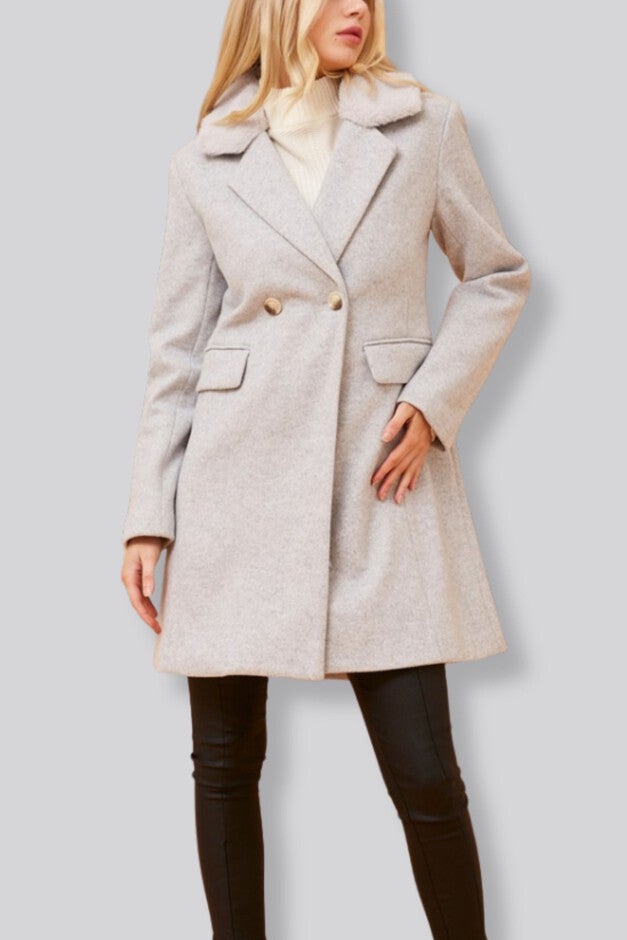 Freja Coat Double Breasted Removable Faux Fur Collar, Gray / Cool Gray, alternate image number 1