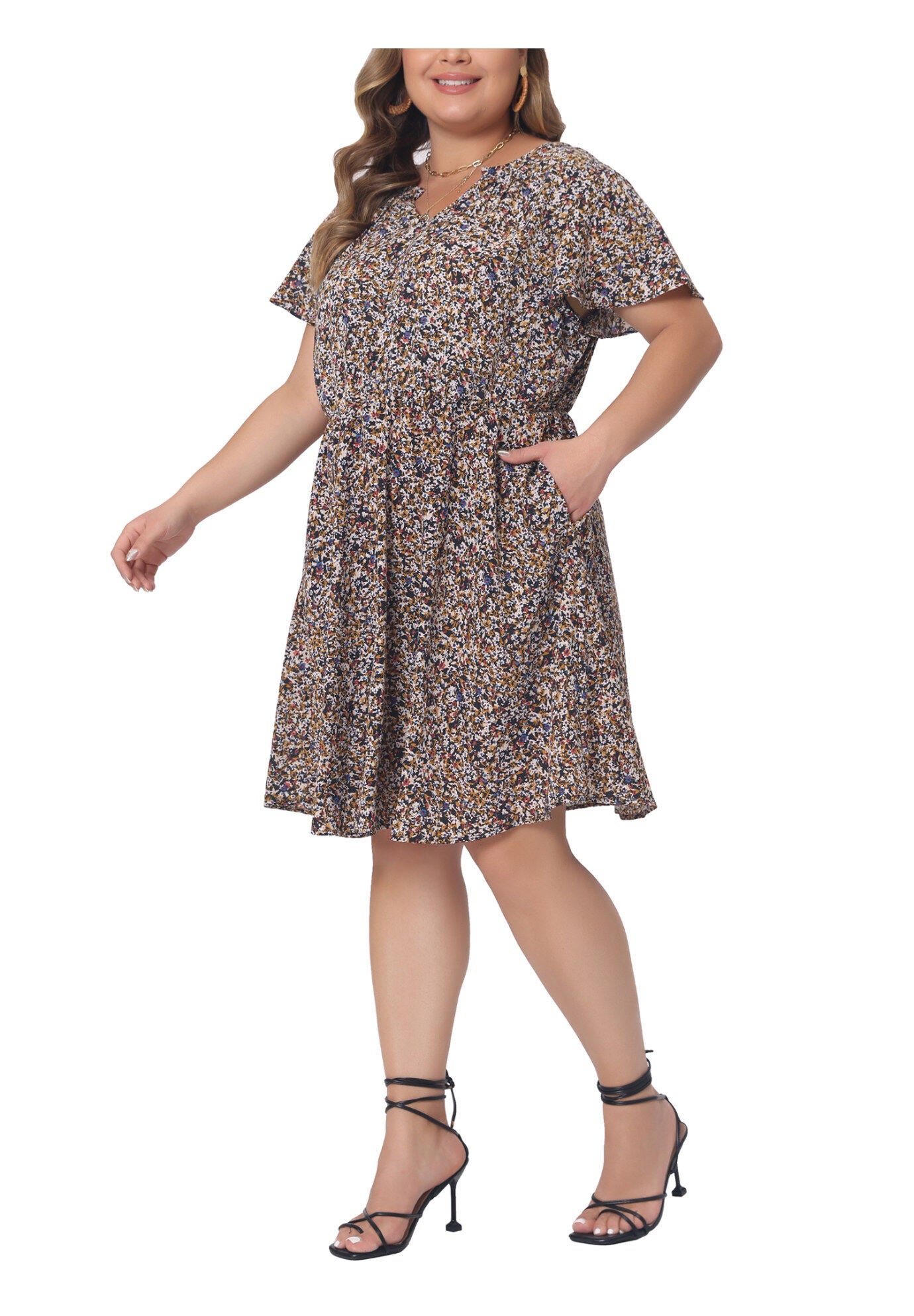 Boho Floral Notched V Neck Ruffle Sleeve A Line Midi Dress, Black / Black, hi-res image number 0