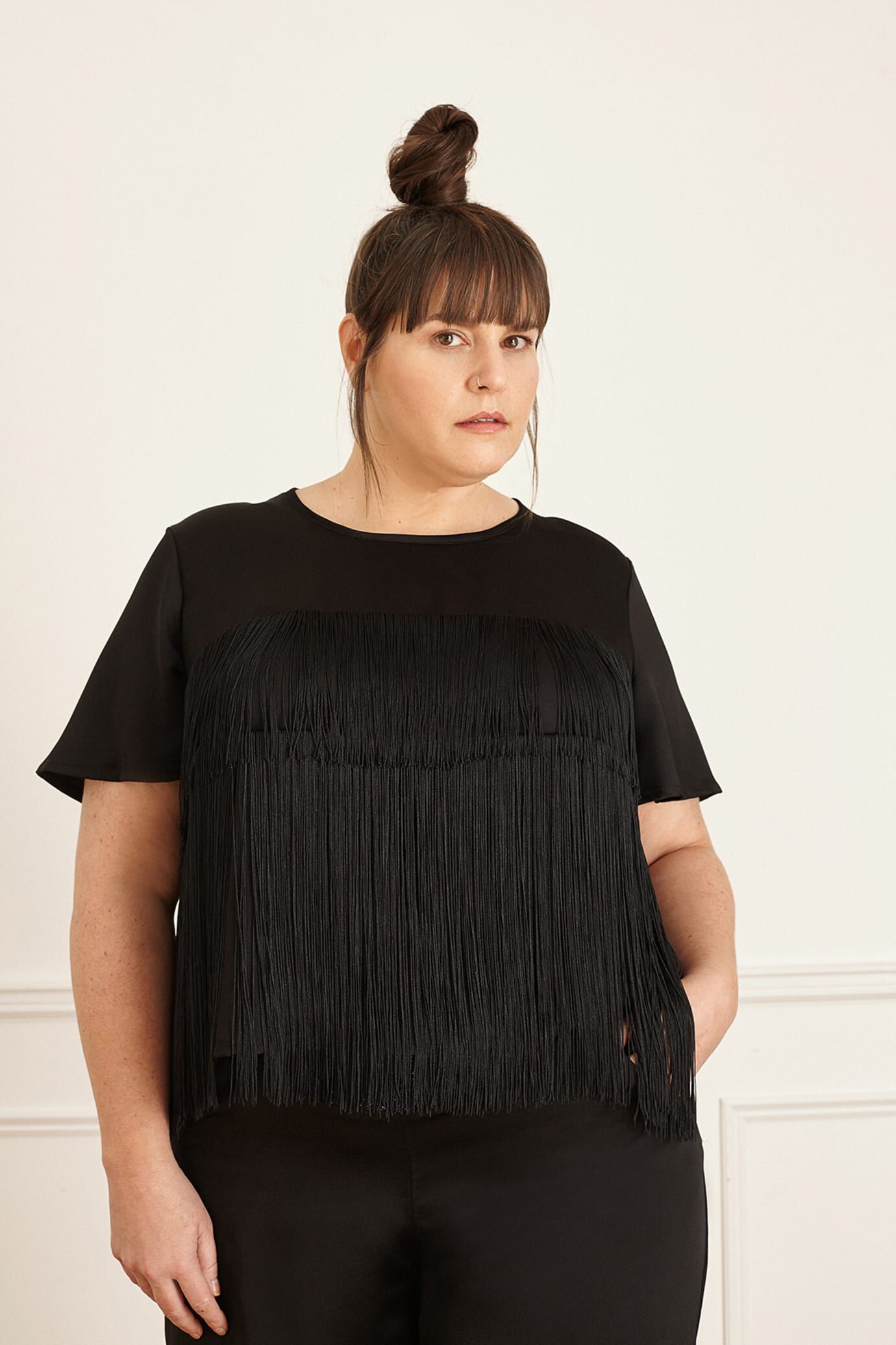 Black Fringe Top, Black / Black, hi-res image number 0