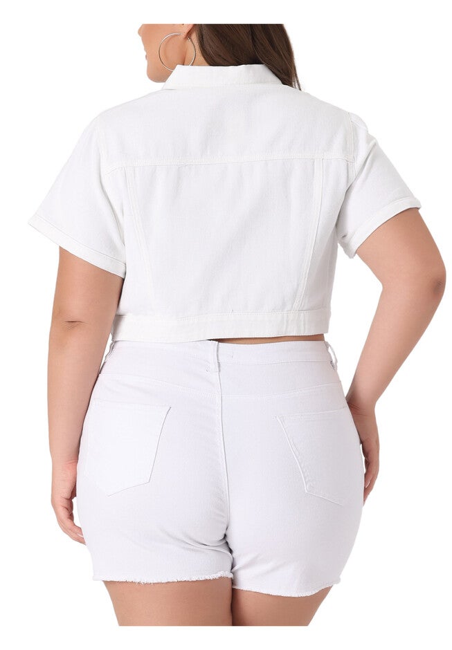 SHORT SLEEVE BUTTON DOWN CROPPED DENIM JACKET, White / White, alternate image number 3