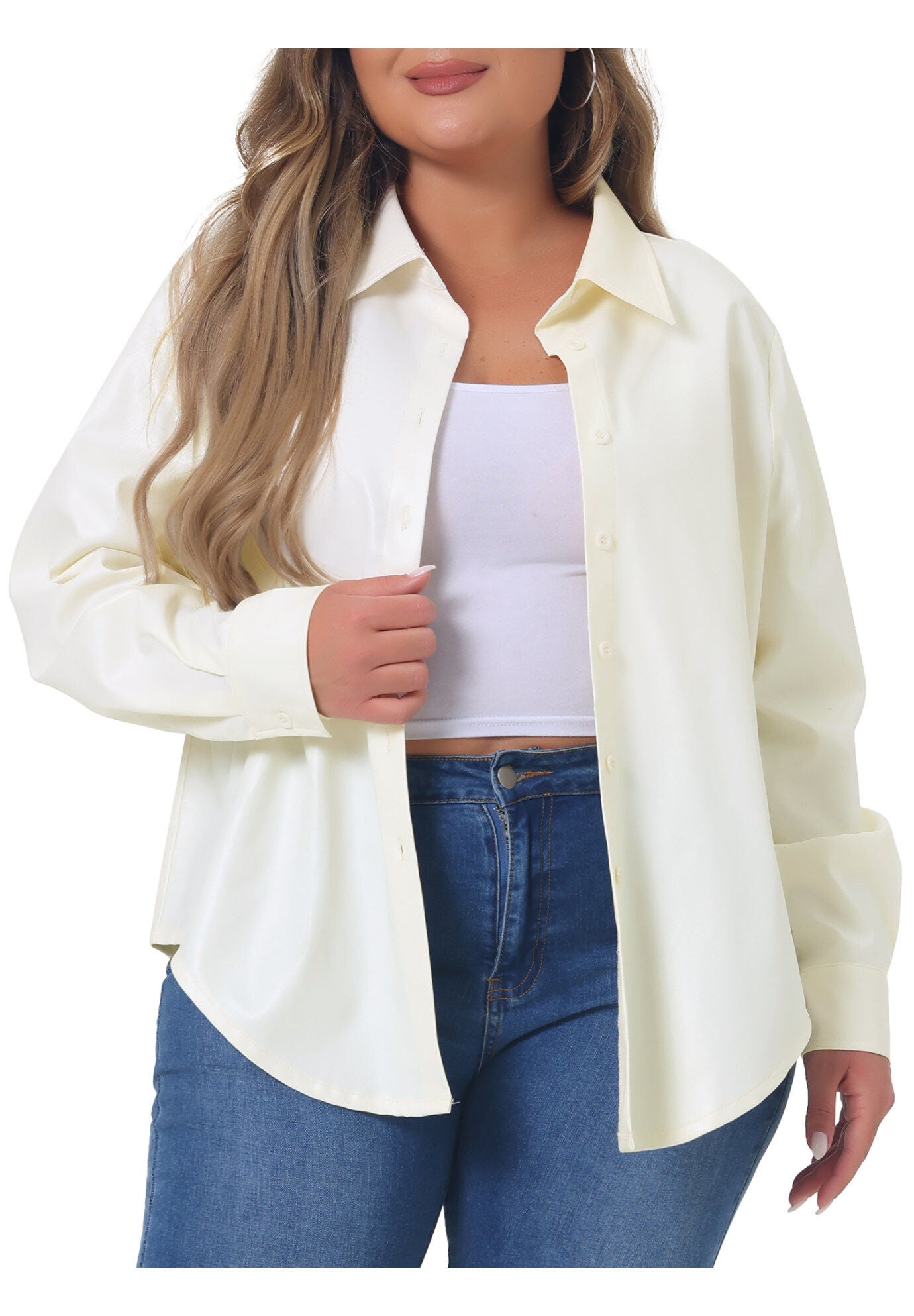FAUX LEATHER JACKET SHACKET BUTTON DOWN SHIRT, White / White, alternate image number 2