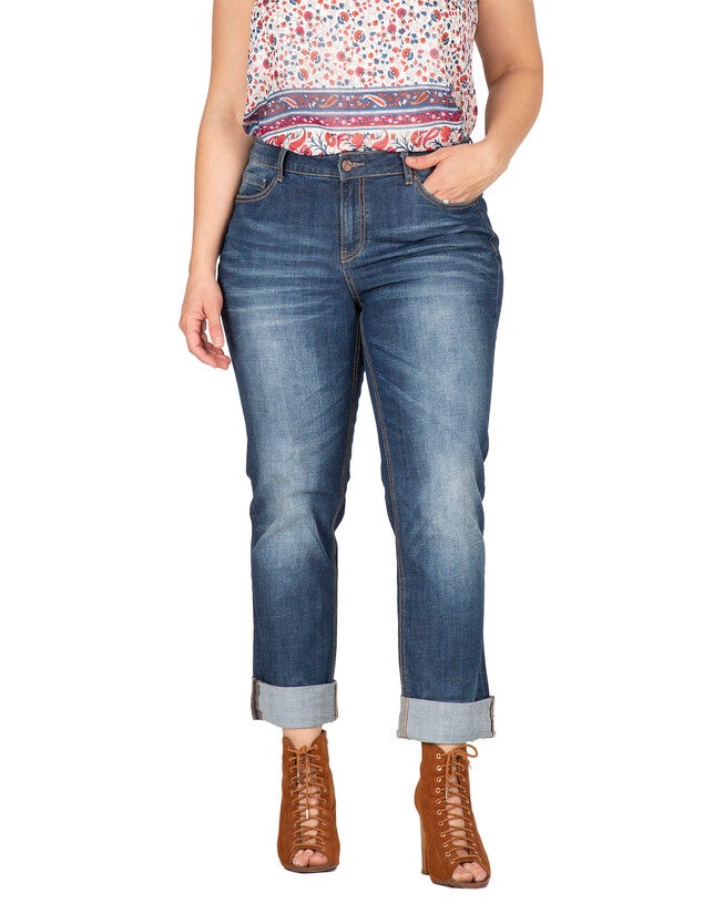 X-Boyfriend Heavy Hand Sand Whisker Detail Rolled Jeans, Blue 1824 / Medium Wash, hi-res image number 0