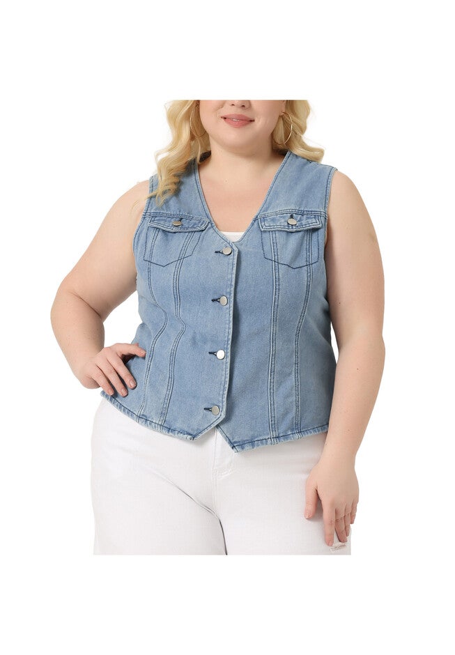 V NECK SLEEVELESS UTILITY JEAN DENIM VEST, Light Blue / Light Blue, alternate image number 2