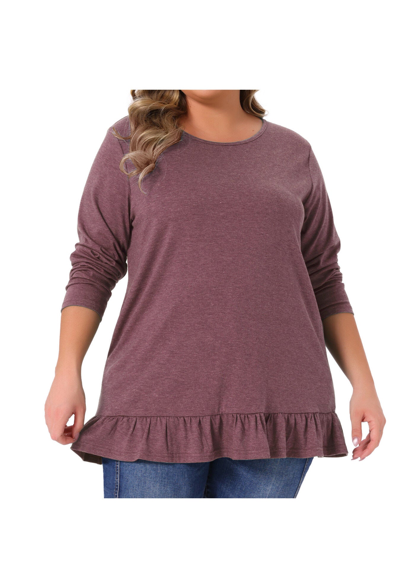 Crew Neck Ruffled Hem Flowy Blouses with Pockets, Burgundy / Burgundy, alternate image number 1