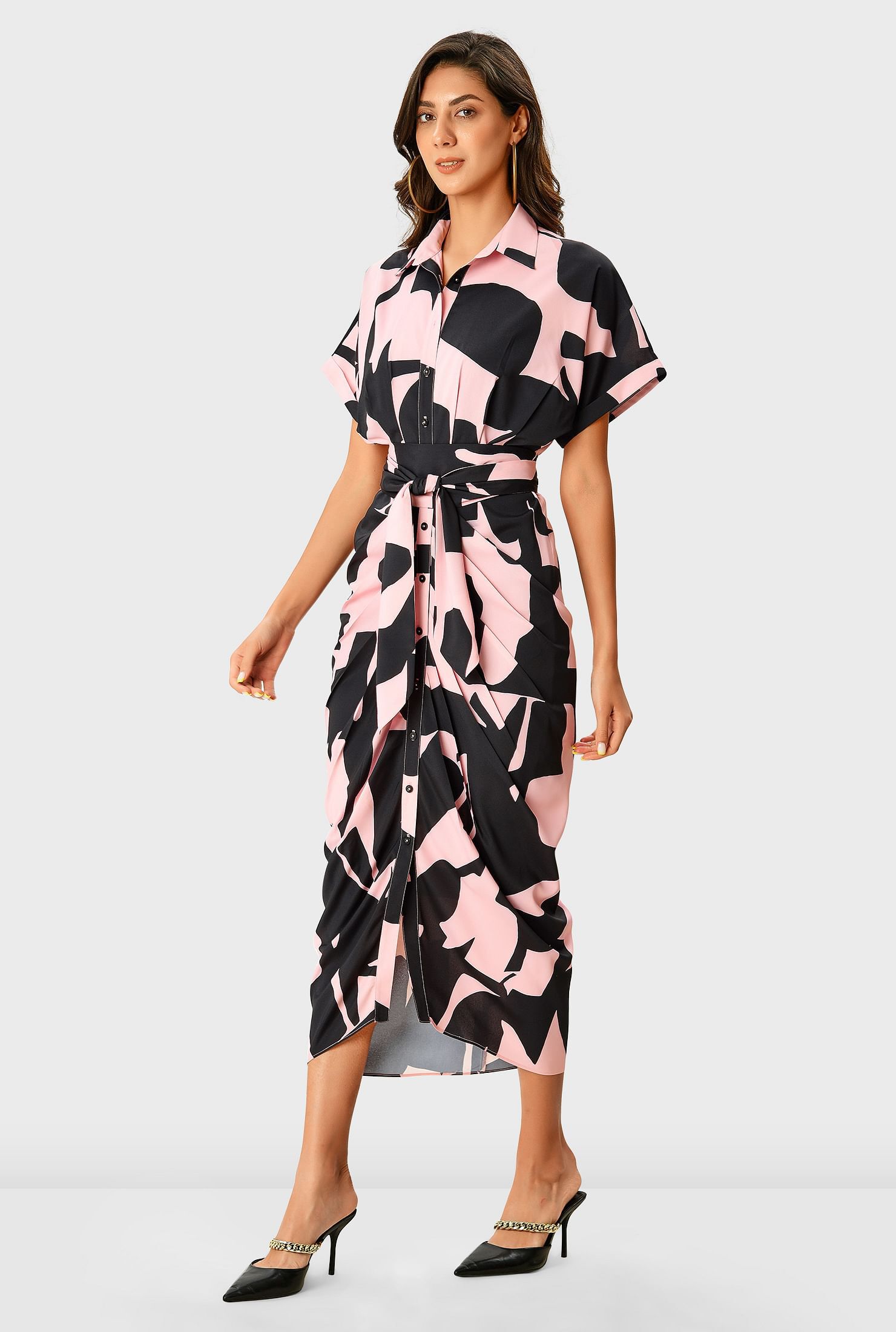 Abstract Print Crepe Pleated Sheath Shirtdress, Pink / Peach, alternate image number 2