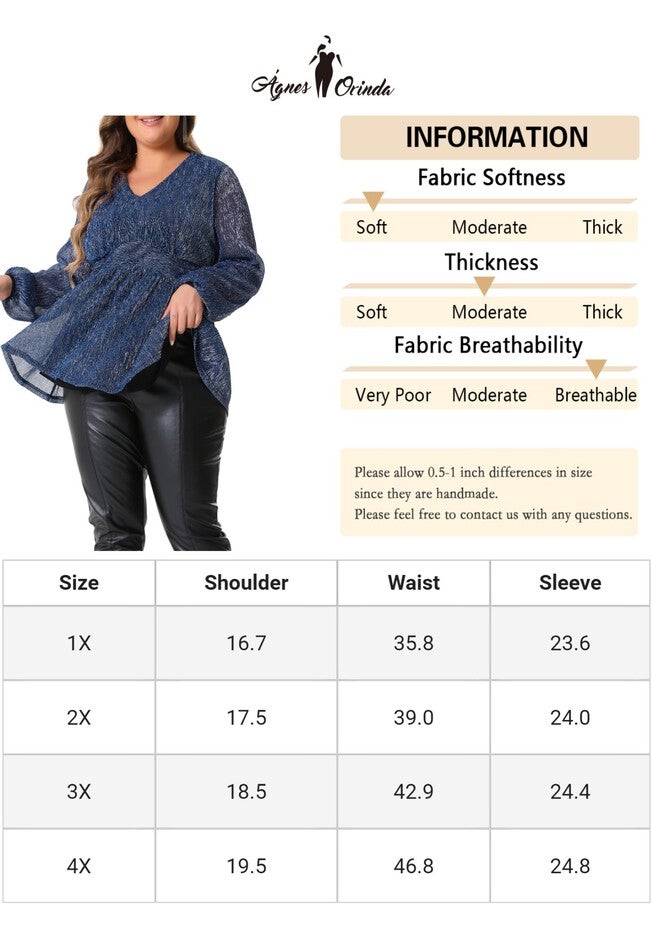 Glitter Sequin V-Neck Waist Pleat Blouse Lantern Sleeve Peplum Top, Navy Blue / Navy, alternate image number 4