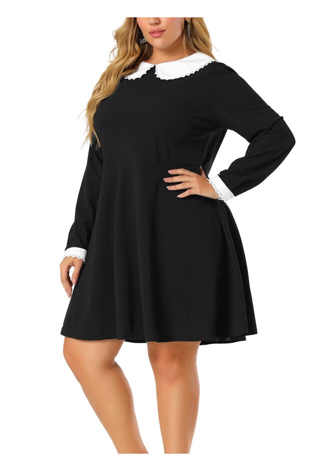 LONG SLEEVE DOLL PETER PAN COLLAR FLARE MIDI DRESS, Black / Black, alternate image number 1