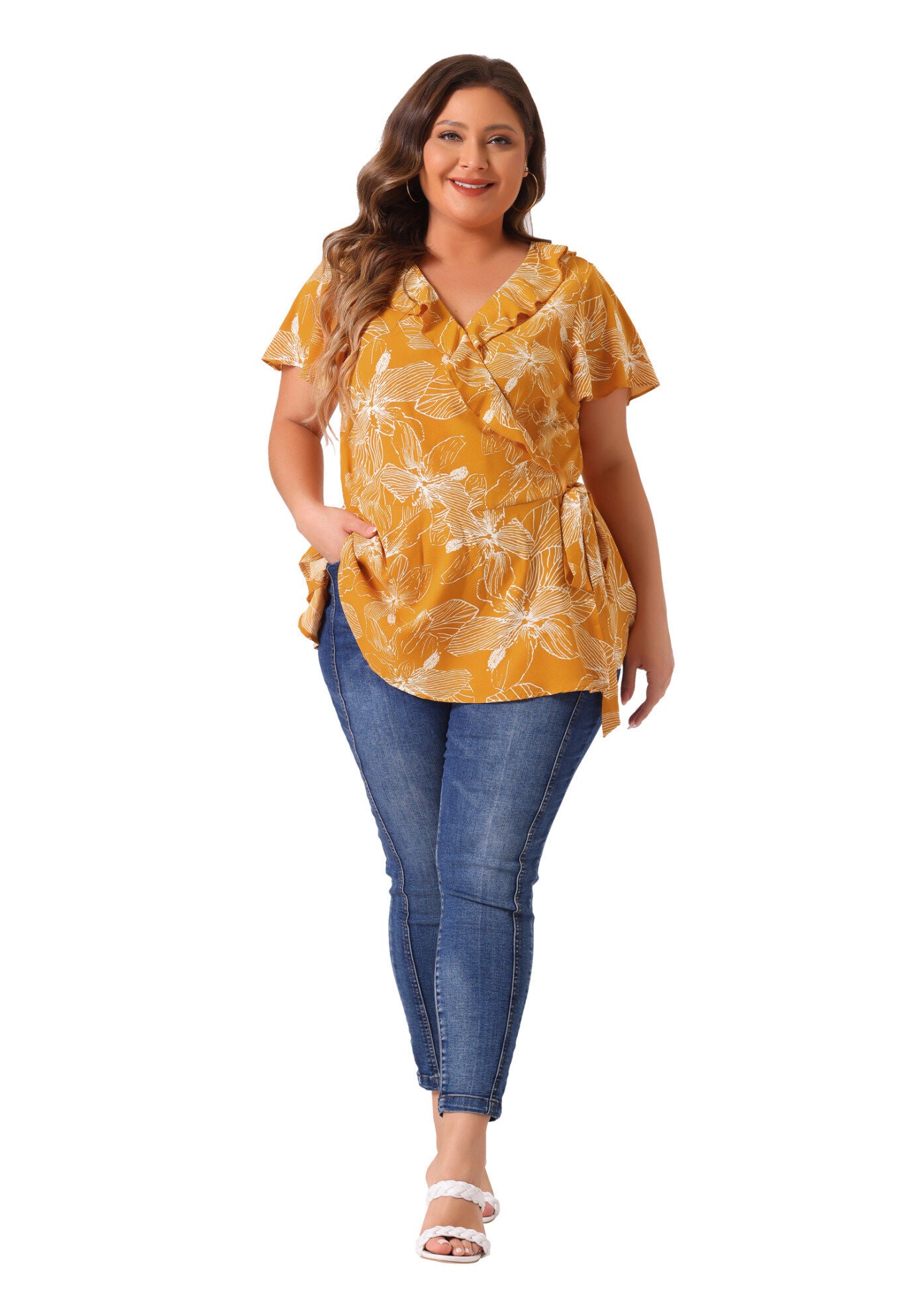 Wrap V Neck Tie Waist Ruffle Sleeve Blouse Summer Floral Top, Yellow / Yellow, hi-res image number 0