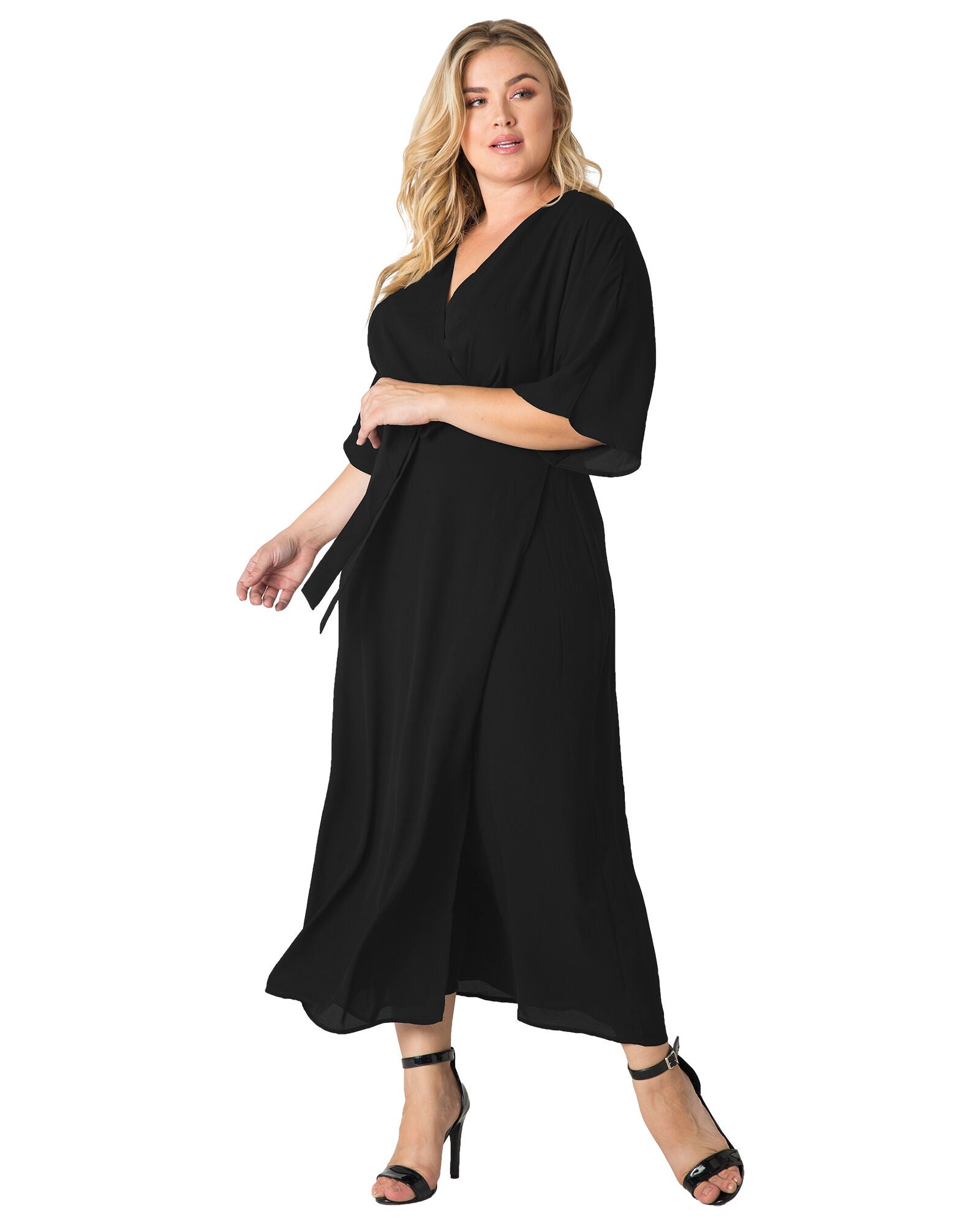 Plus Size Olivia Kimono Wrap Maxi Dress, Black / Black, hi-res image number 0