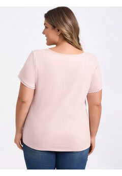 Crochet Trim V Neck Blouses Short Sleeve Casual Tee Top