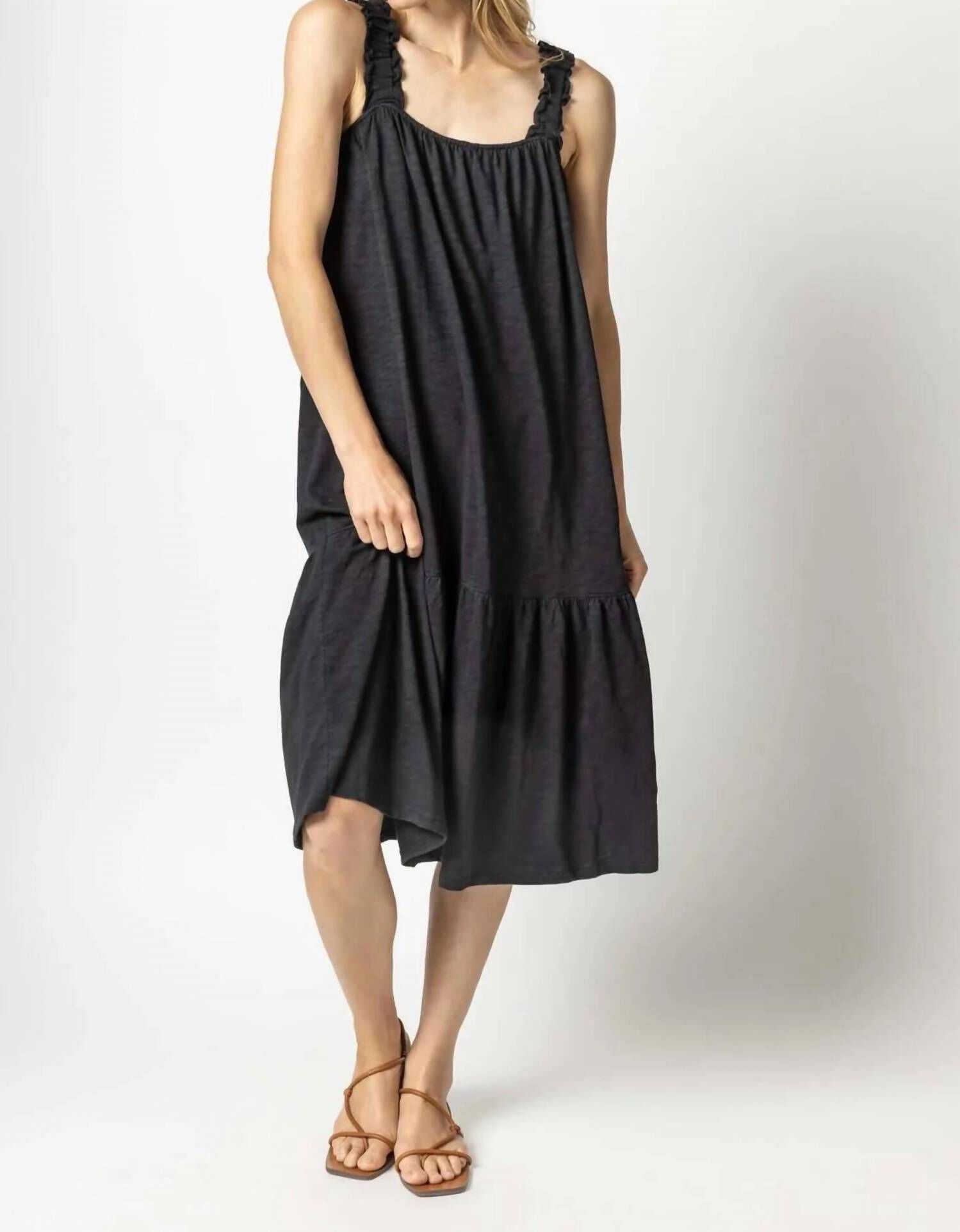 GATHERED STRAP PEPLUM DRESS IN BLACK, Black / Black, hi-res image number 0