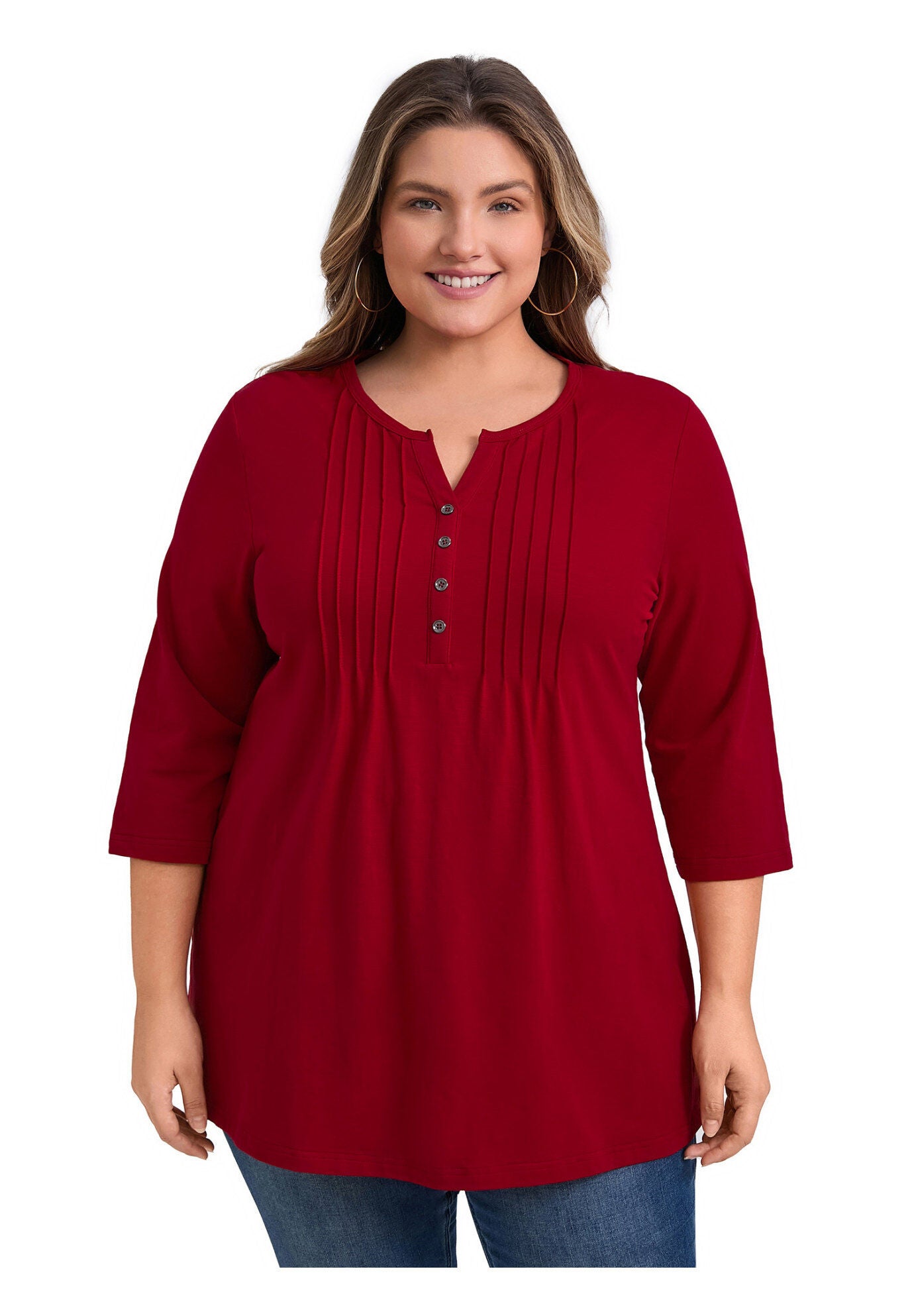 Notched Neck 3/4 Sleeve Front Pleated Button Decor Casual Blouse, Red / Red, hi-res image number 0
