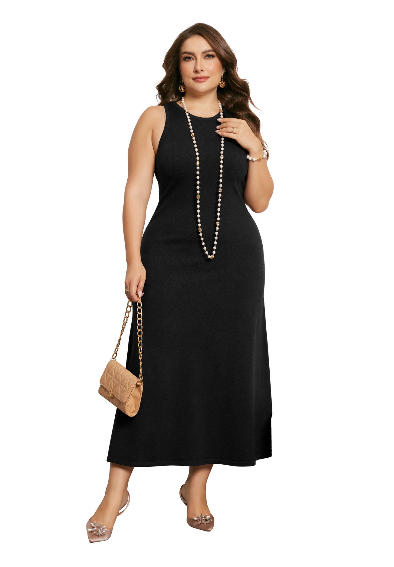 Crewneck Sleeveless Knit Casual Sweater Tank Dress, Black / Black, hi-res image number 0