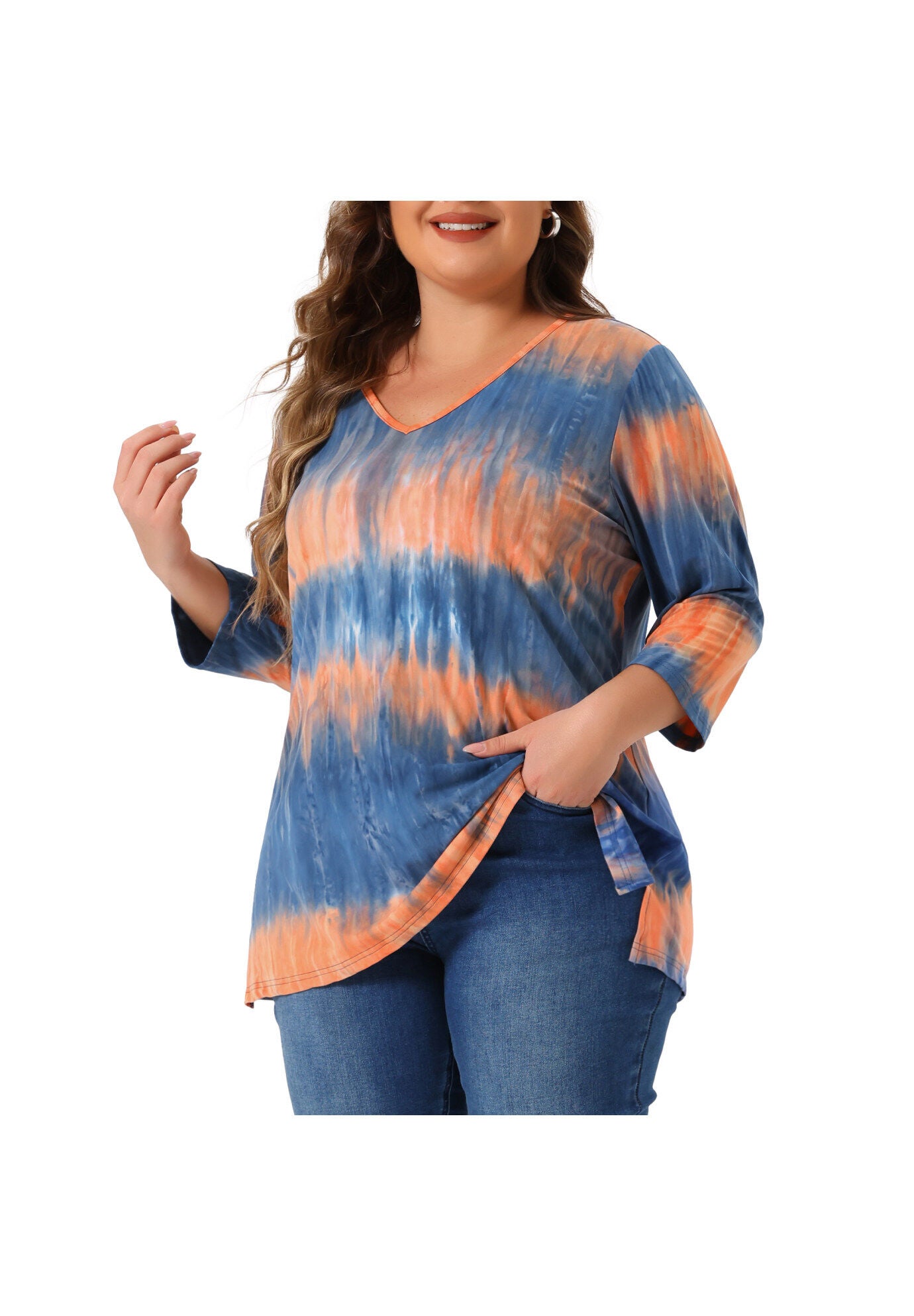 V Neck 3/4 Sleeve Loose Casual Striped Tie Dye Print T-Shirt Top, Blue Orange / Coral, alternate image number 1