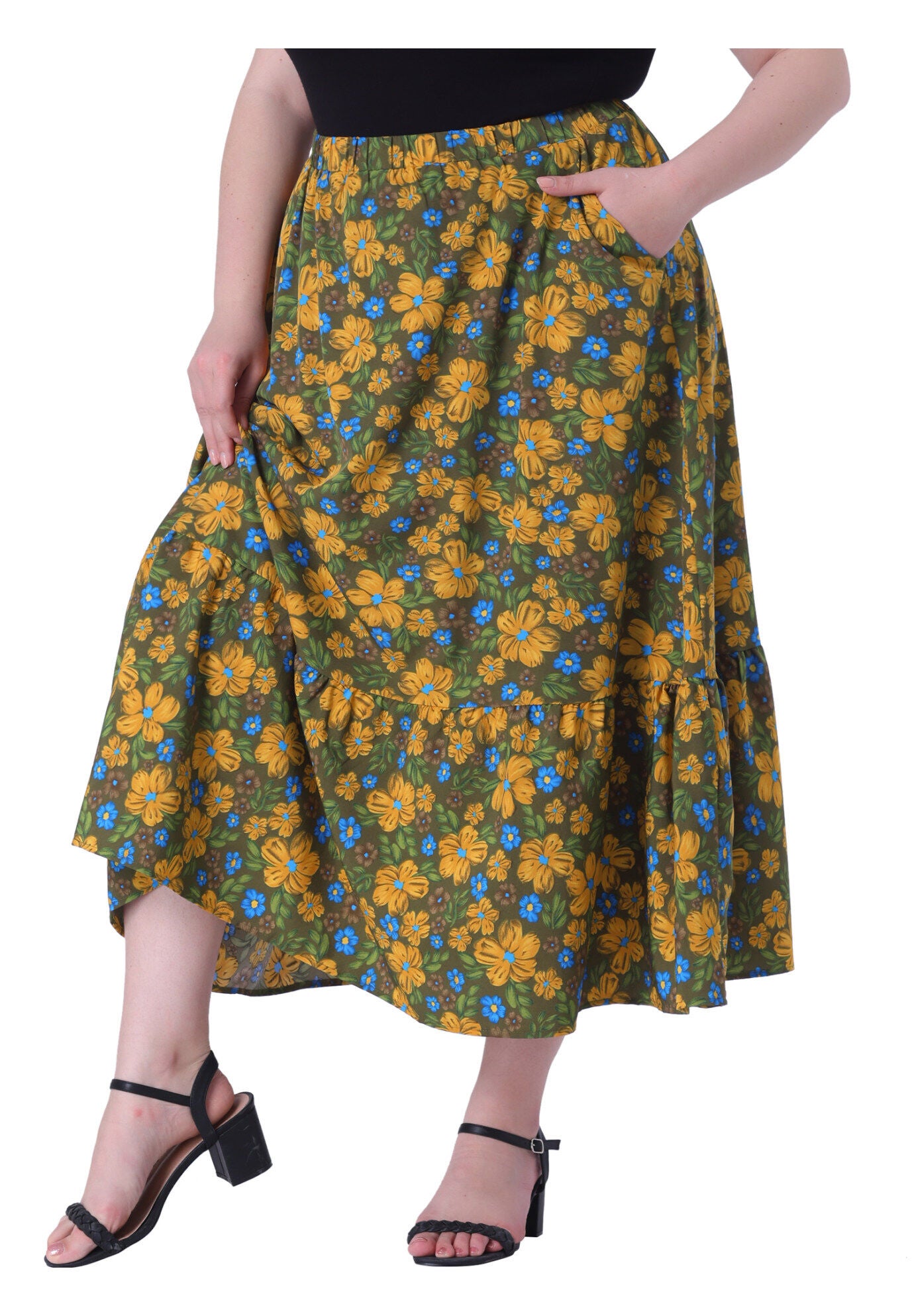 Summer Floral Flowy Stretchy Waist Layered A Line With Pocket Maxi Skirt, Green Yellow / Brown, alternate image number 1