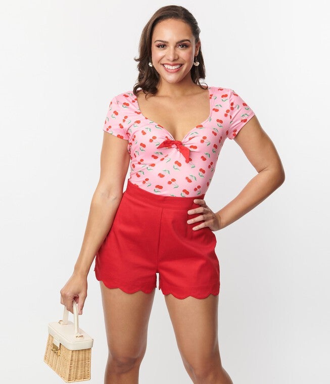 Unique Vintage Red Scallop Shorts, Red / Red, hi-res image number 0