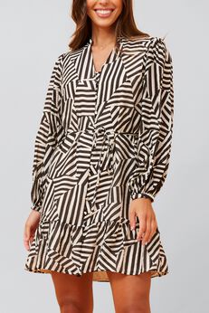 Sylvana Dress Long Puffy Sleeve Geo Print