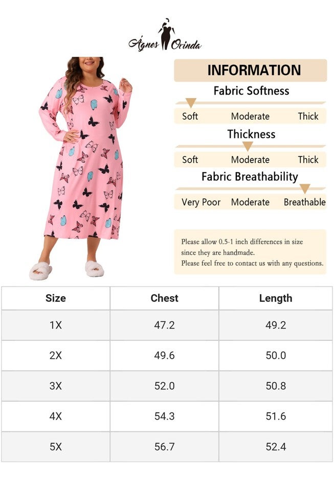 Crew Neck Long Sleeve Print Sleep Dress, Pink / Pink, alternate image number 4