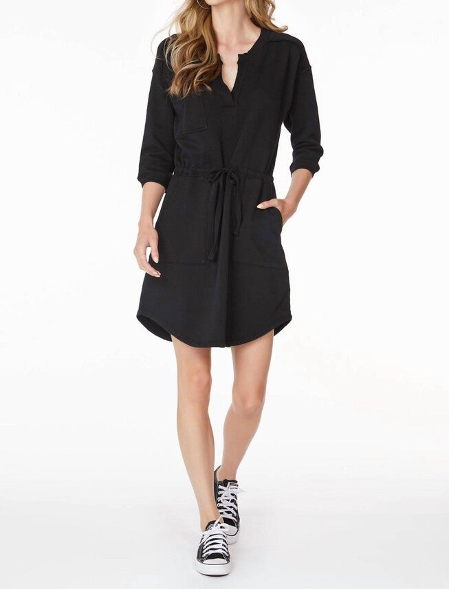 DRAWCORD MINI SWEATSHIRT DRESS IN BLACK, Black / Black, hi-res image number 0