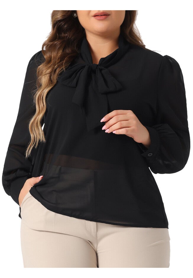 Sheer Chiffon Bow Tie Neck Long Sleeve See Through Mesh Shirt, Black / Black, alternate image number 2