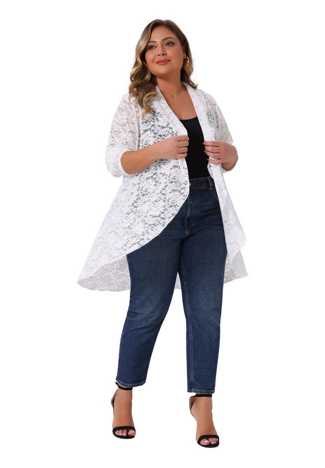 Long Sleeve Sheer Crochet Lace Cover Up, White / White, hi-res image number 0