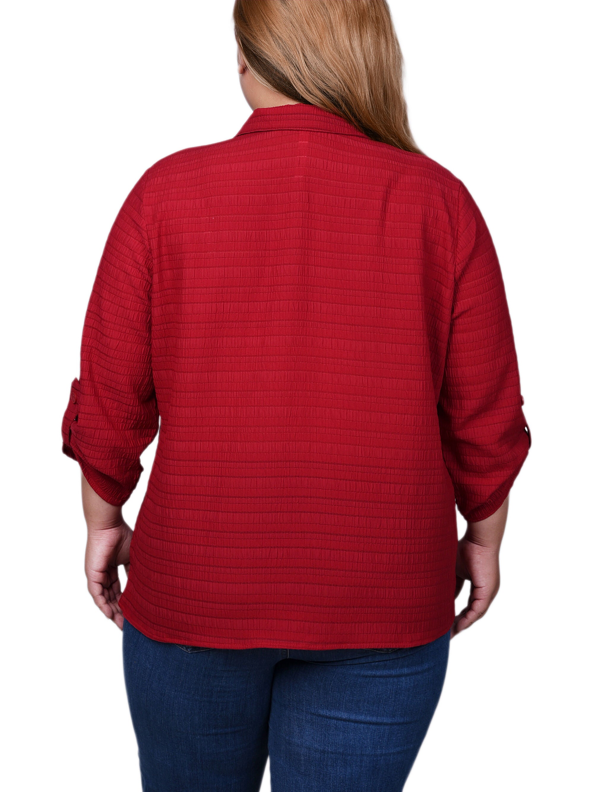3/4 Sleeve Woven Jacquard Blouse, Red, alternate image number 1