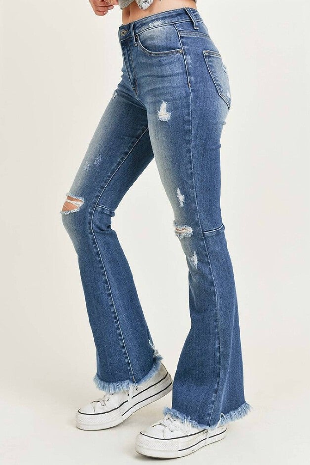 FLARE DISTRESSED KNEE HIGH RISE JEAN IN MEDIUM WASH, Medium Wash / Medium Wash, alternate image number null