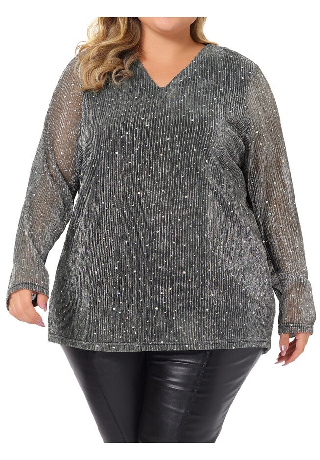 LONG SLEEVE GLITTER SPARKLE TOP, Silver / Silver, alternate image number 1