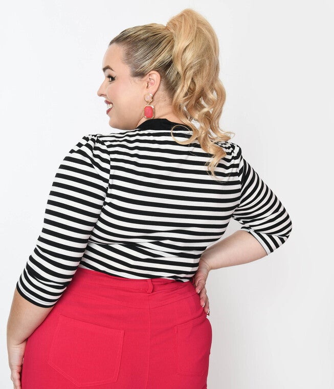 Unique Vintage Black & White Stripe Three Quarter Sleeve Sweetie Knit Top, Black / Black, alternate image number null