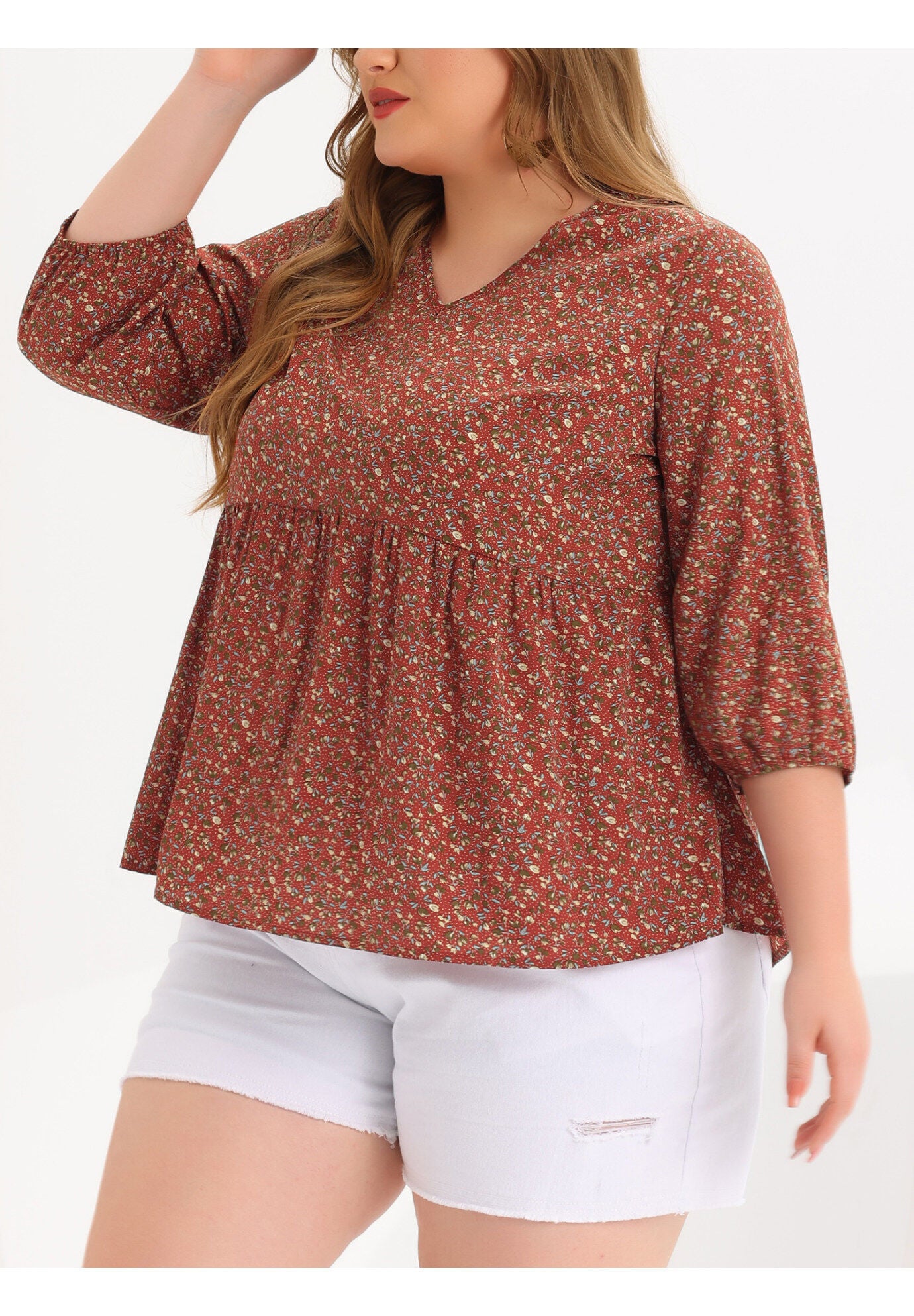 V Neck Babydoll Flowy 3/4 Lantern Sleeve Floral Blouse, Red Brown / Brown, alternate image number 1