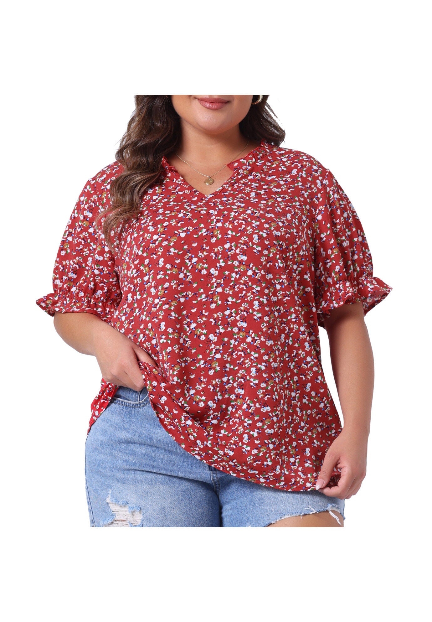 Floral V Neck Ruffle Puff Short Sleeve Blouse, Red / Red, alternate image number 2