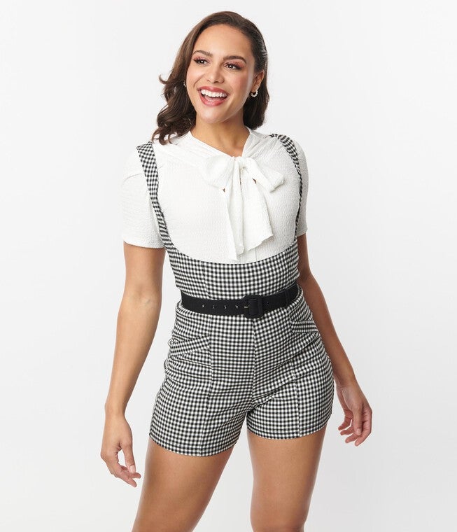 Unique Vintage Black & White Gingham Suspender Shorts, Black White Gingham / Black, alternate image number null
