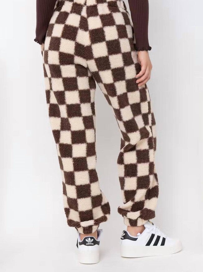 Checkered Print Teddy Joggers In Cream And Brown, , alternate image number null