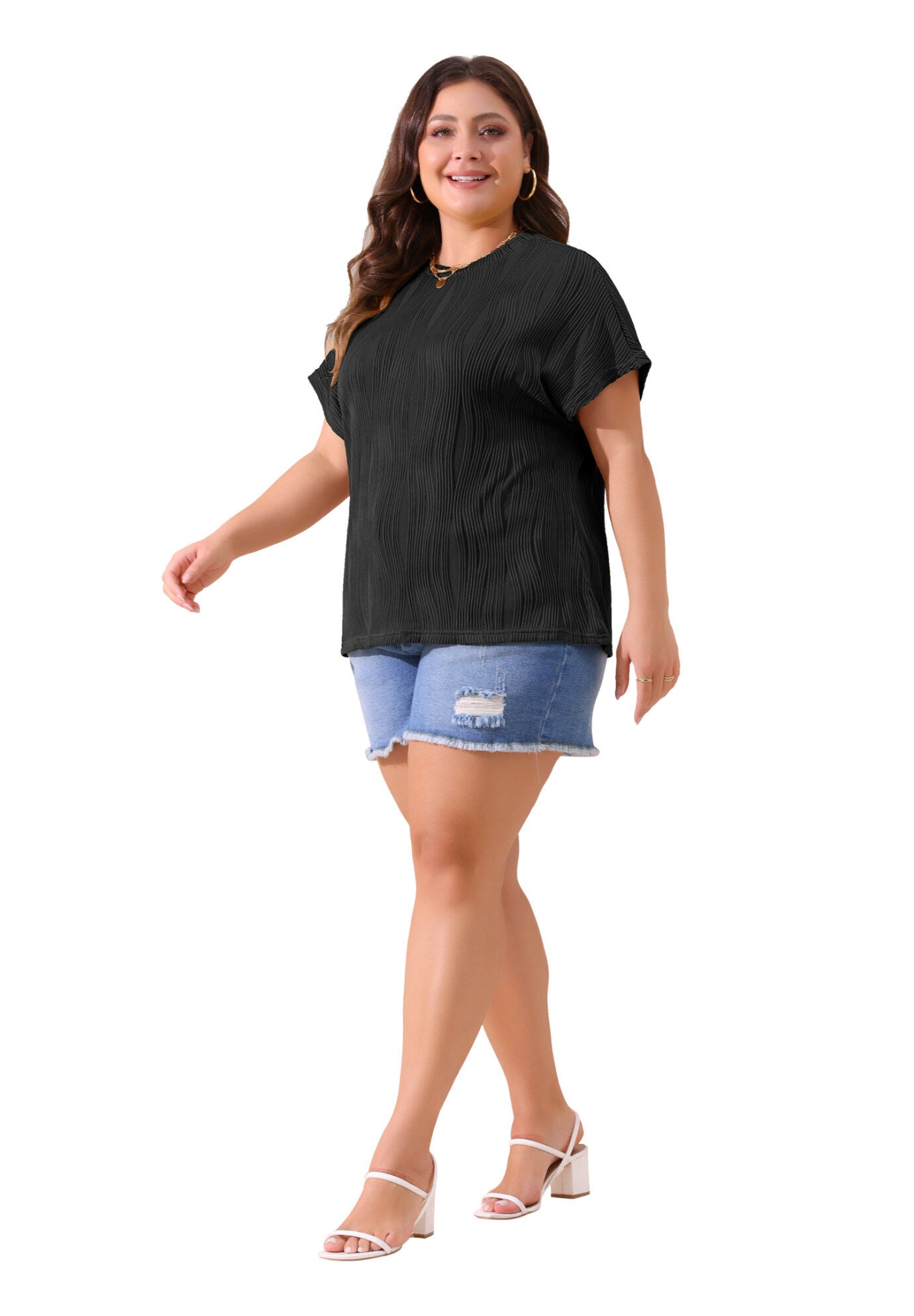 Short Sleeve Textured Top Crewneck T-Shirt, Black / Black, hi-res image number 0