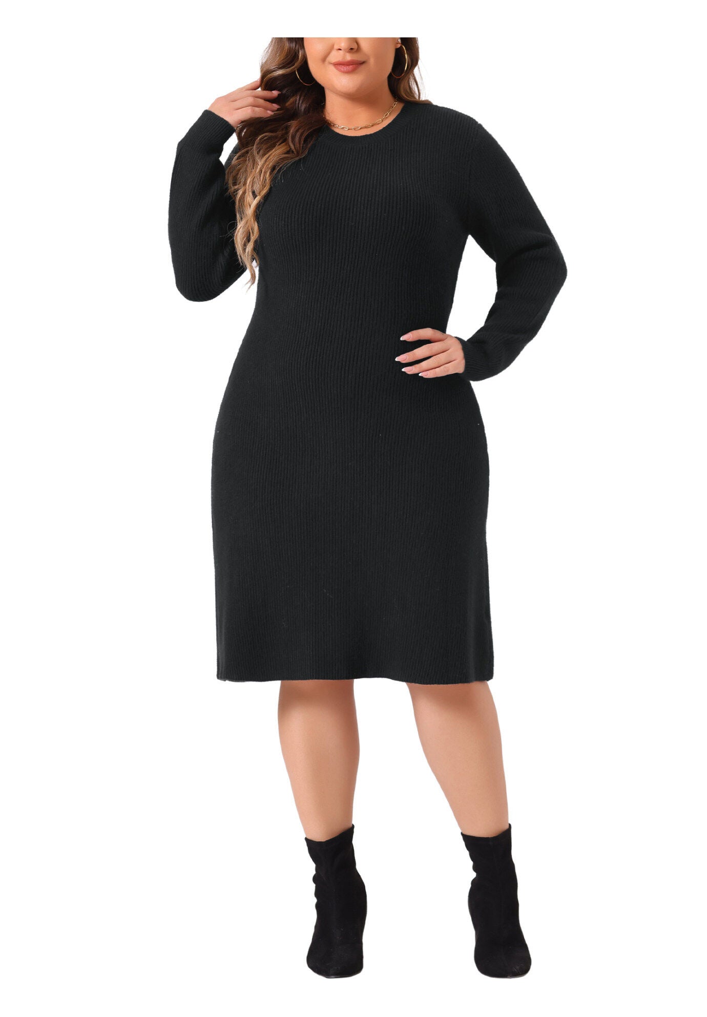 Crew Neck Long Sleeve Knit Pullover Sweater Dress, Black / Black, alternate image number 1