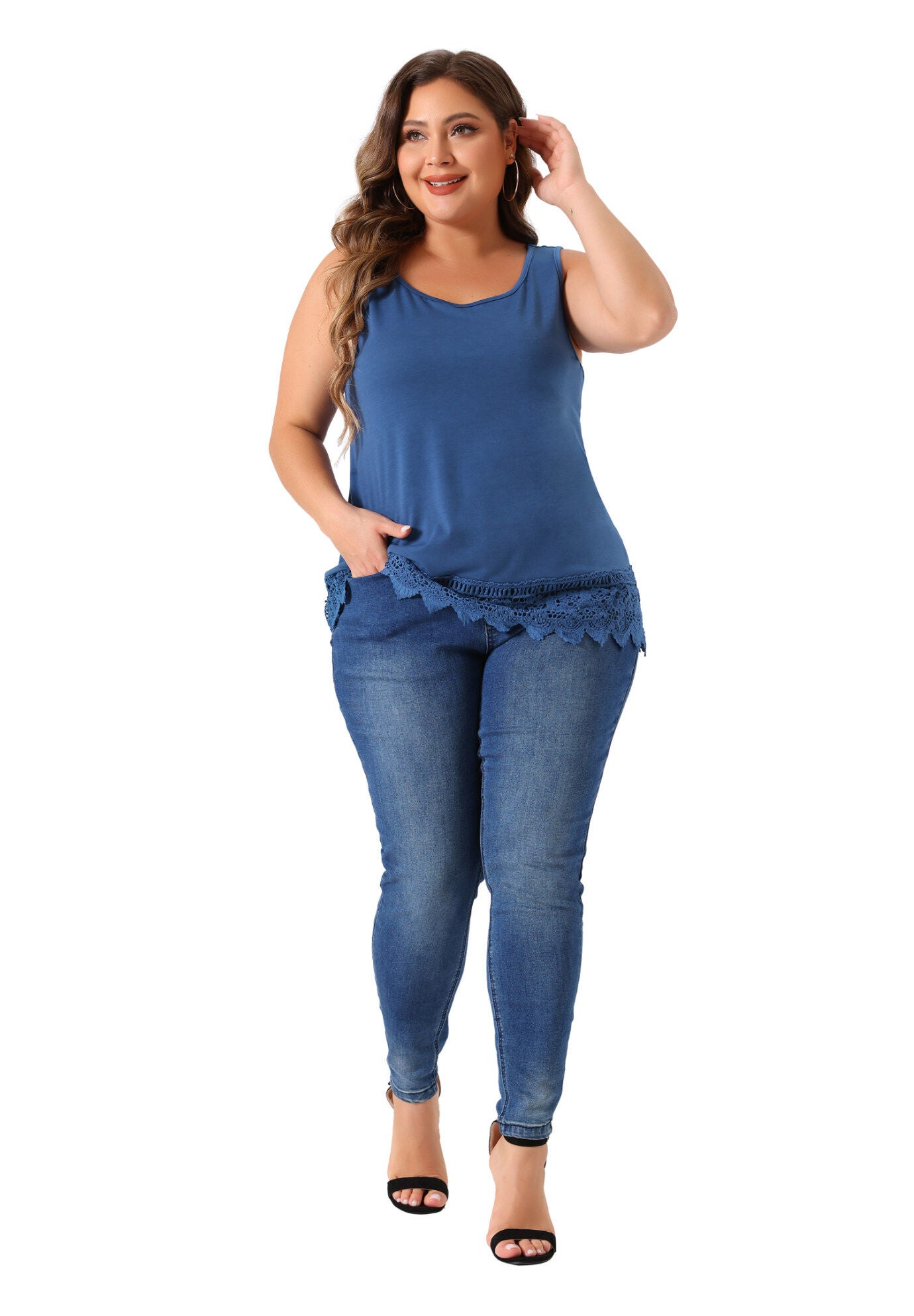 Round Neck Sleeveless Swing Lace Panel Flowy Top, Navy Blue / Navy, hi-res image number 0