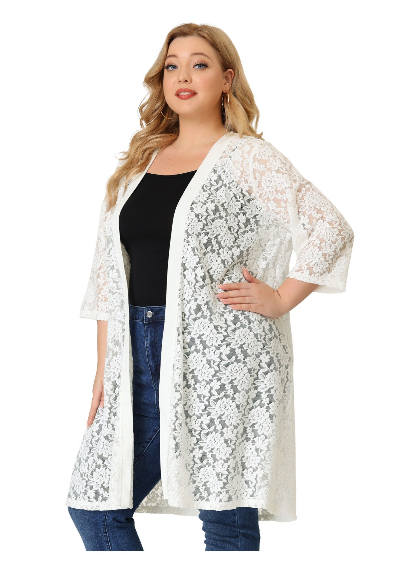 LACE CROCHET 3/4 SLEEVE COVER UP CARDIGAN, White / White, alternate image number 3