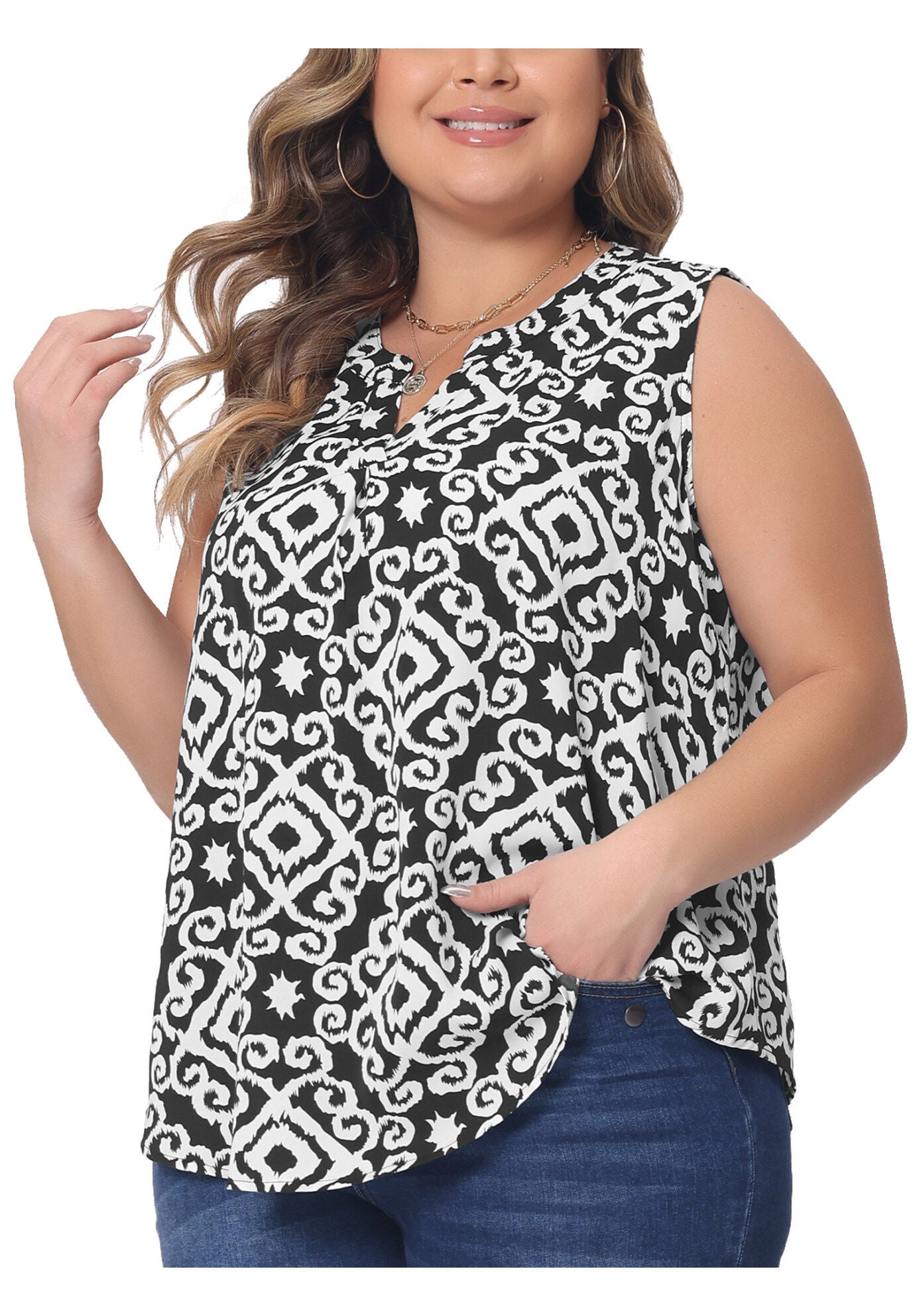 Sleeveless Floral Print V Neck Tunic Tank Top, Black / Black, alternate image number 2