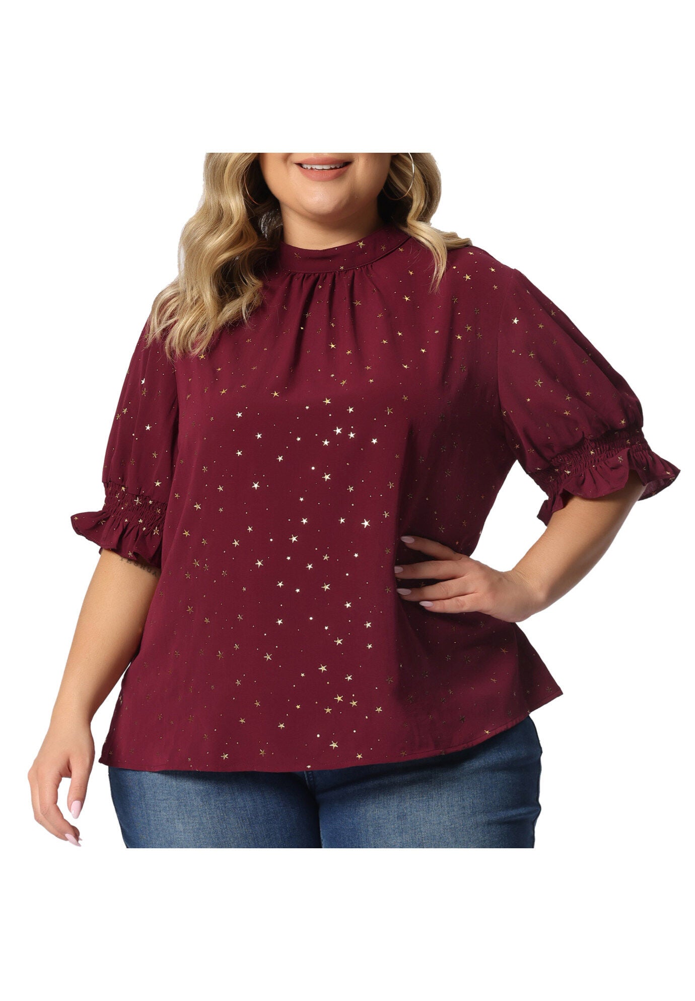 Pleated Mock Neck Star Print Puff Sleeve Blouse Top, Red / Red, alternate image number 2