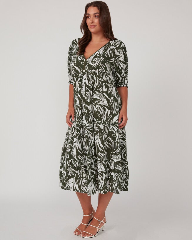 Abstract Print Green Midi Dress, OliveMilk / Olive Green, alternate image number 3