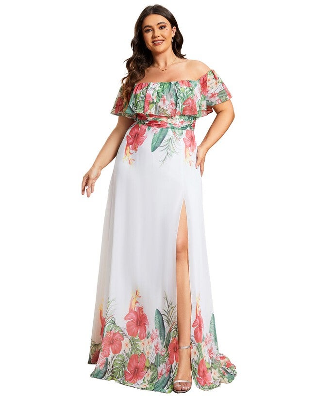 Summer Printed Chiffon Off the Shoulder A-Line Evening Dress, White Red / Red, hi-res image number 0