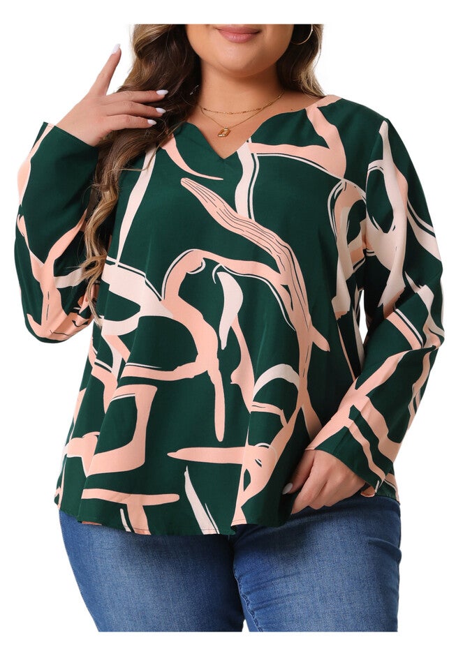 V Neck Long Sleeve Printed Shirt Blouse, Green / Forest Green, alternate image number 1
