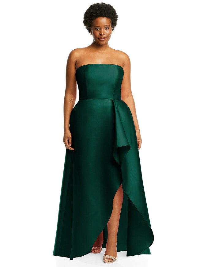 Strapless Satin Gown with Draped Front Slit and Pockets, Hunter Green / Hunter Green, hi-res image number 0