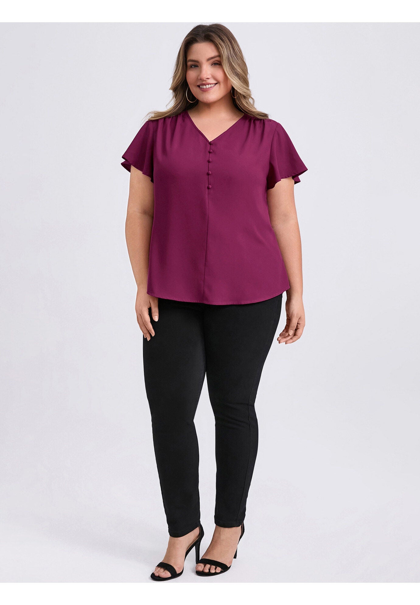 Pleated Ruffle Short Sleeve V Neck Button Decor Blouse Top, Purple Red / Red, alternate image number 1