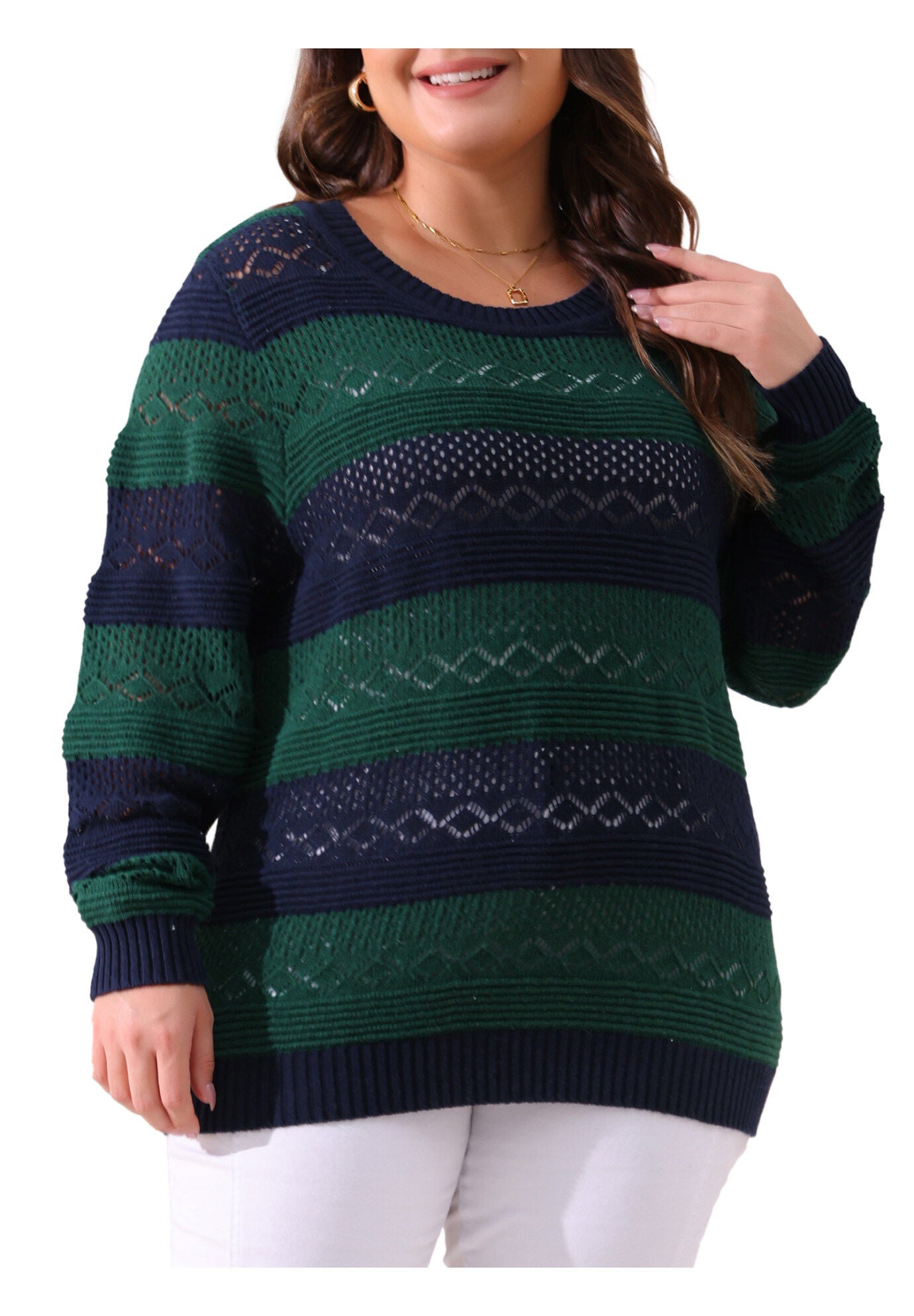 Crewneck Lightweight Hollow Knit Pullover Top, Green Blue / Navy, alternate image number 1